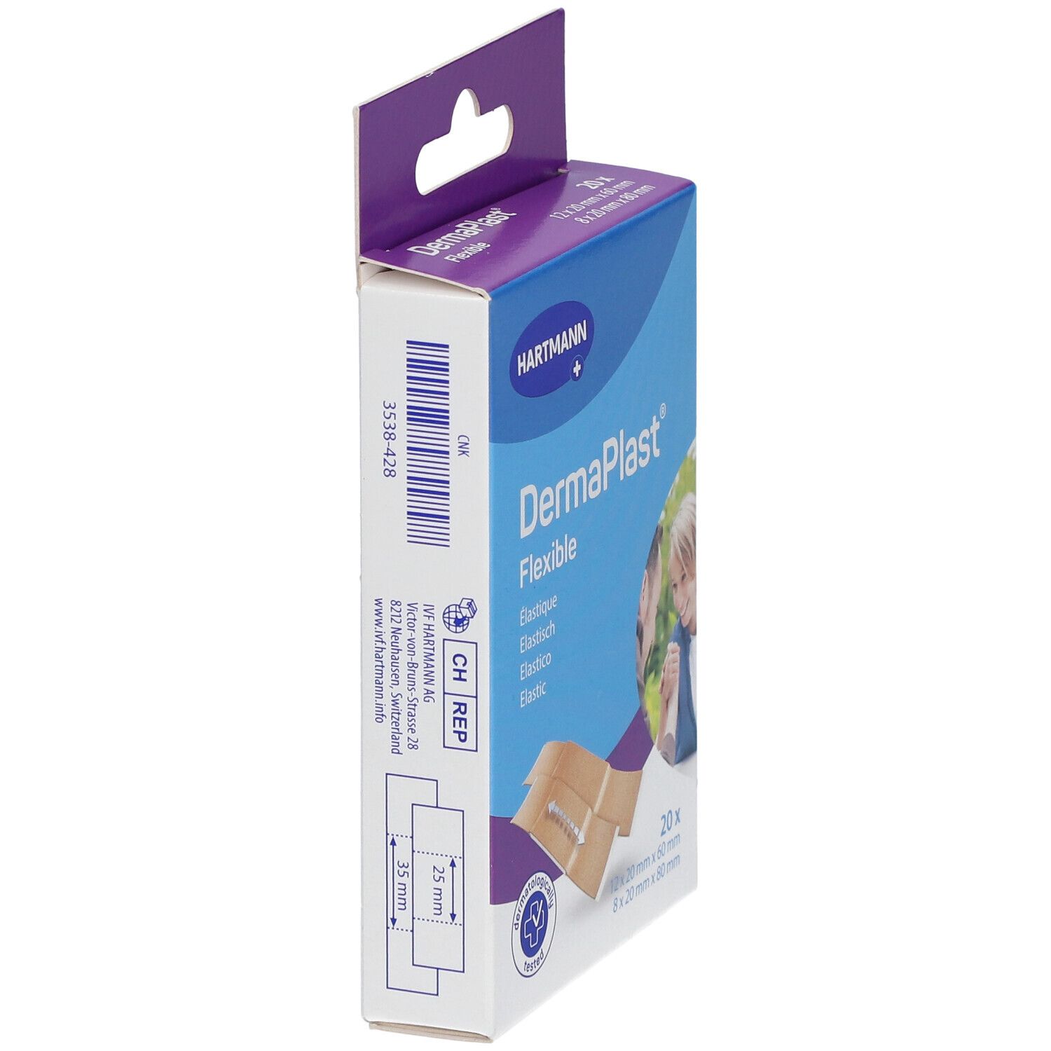 Vista laterale della confezione di cerotti DermaPlast® Flexible. Codice a barre, dimensioni, marchio Hartmann.