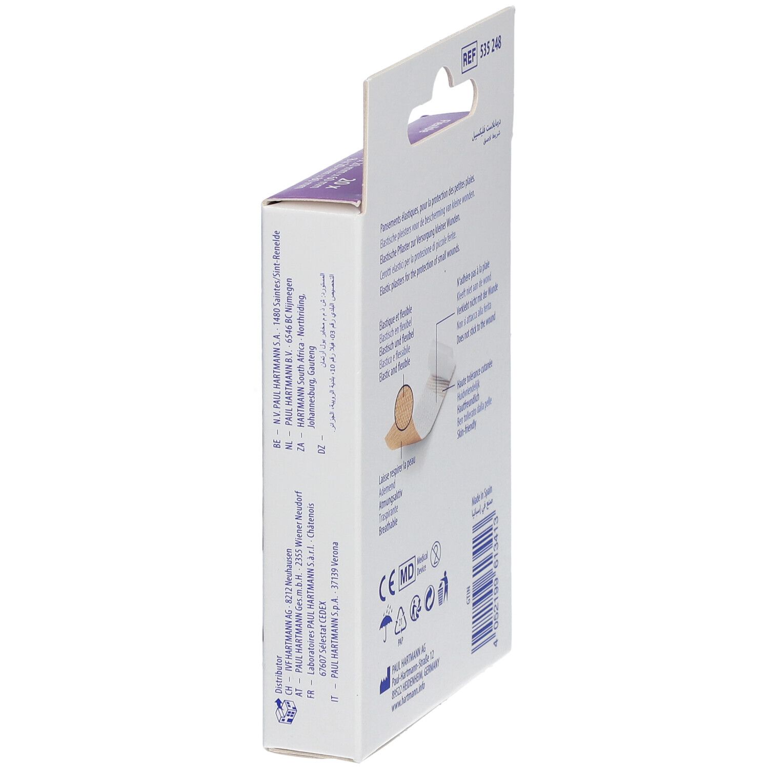 Vista laterale della confezione di cerotti DermaPlast® Flexible. Informazioni sul prodotto, marchio CE.