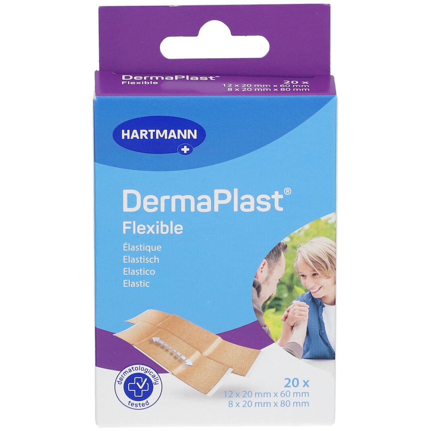 Confezione di cerotti DermaPlast® Flexible. 20 pezzi, dimensioni. Marchio Hartmann.