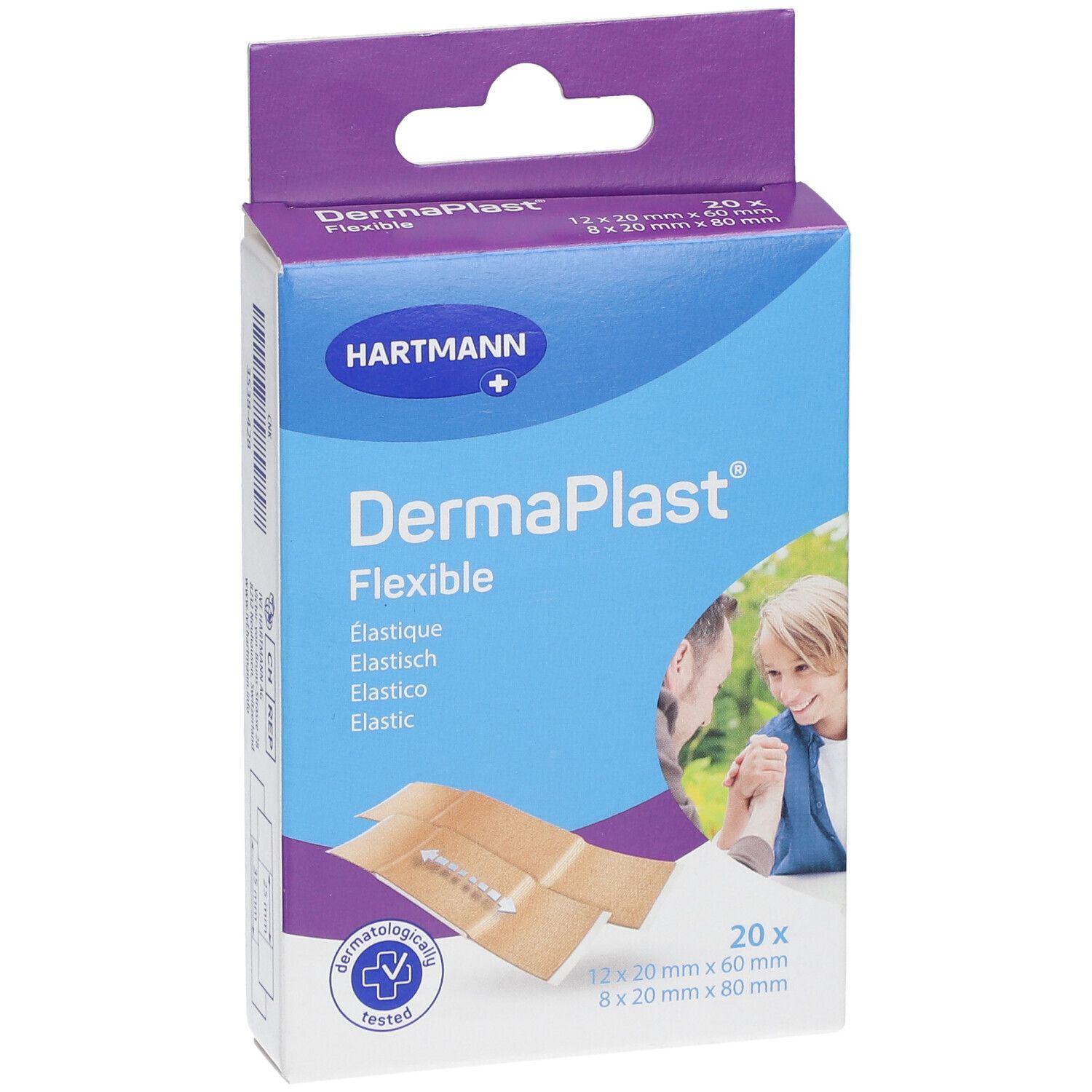 Confezione di cerotti DermaPlast® Flexible. 20 pezzi, dimensioni. Marchio Hartmann.