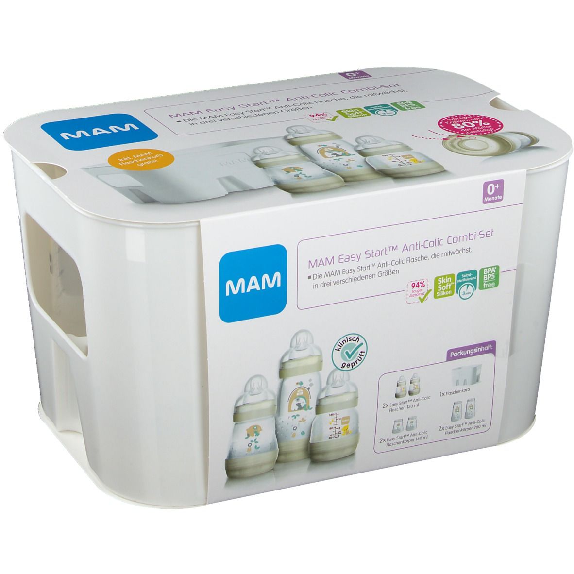 Set MAM Easy Start Anti-Colic. Contenitore bianco con immagini e testo. Include biberon e accessori.