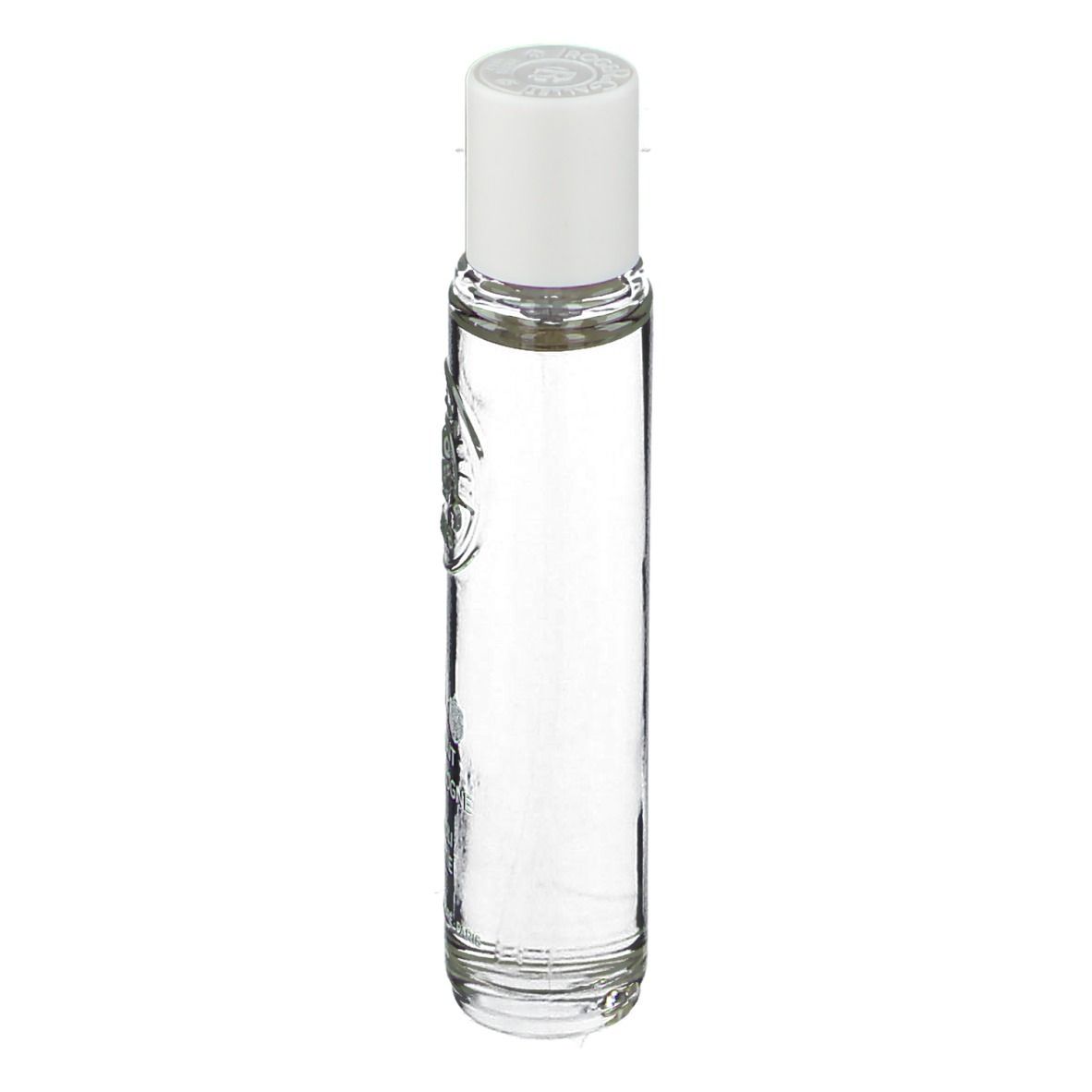 Flacone sottile e trasparente con tappo bianco. Logo e testo sul flacone.