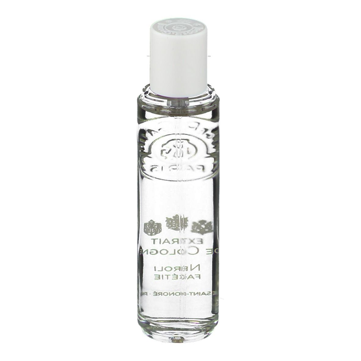 Flacone trasparente con tappo bianco. Scritta: Extrait de Cologne, Néroli Facétie. Logo e testo.
