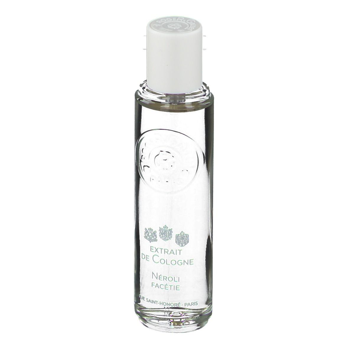 Flacone trasparente con tappo bianco. Scritta: Extrait de Cologne, Néroli Facétie. Logo e testo.
