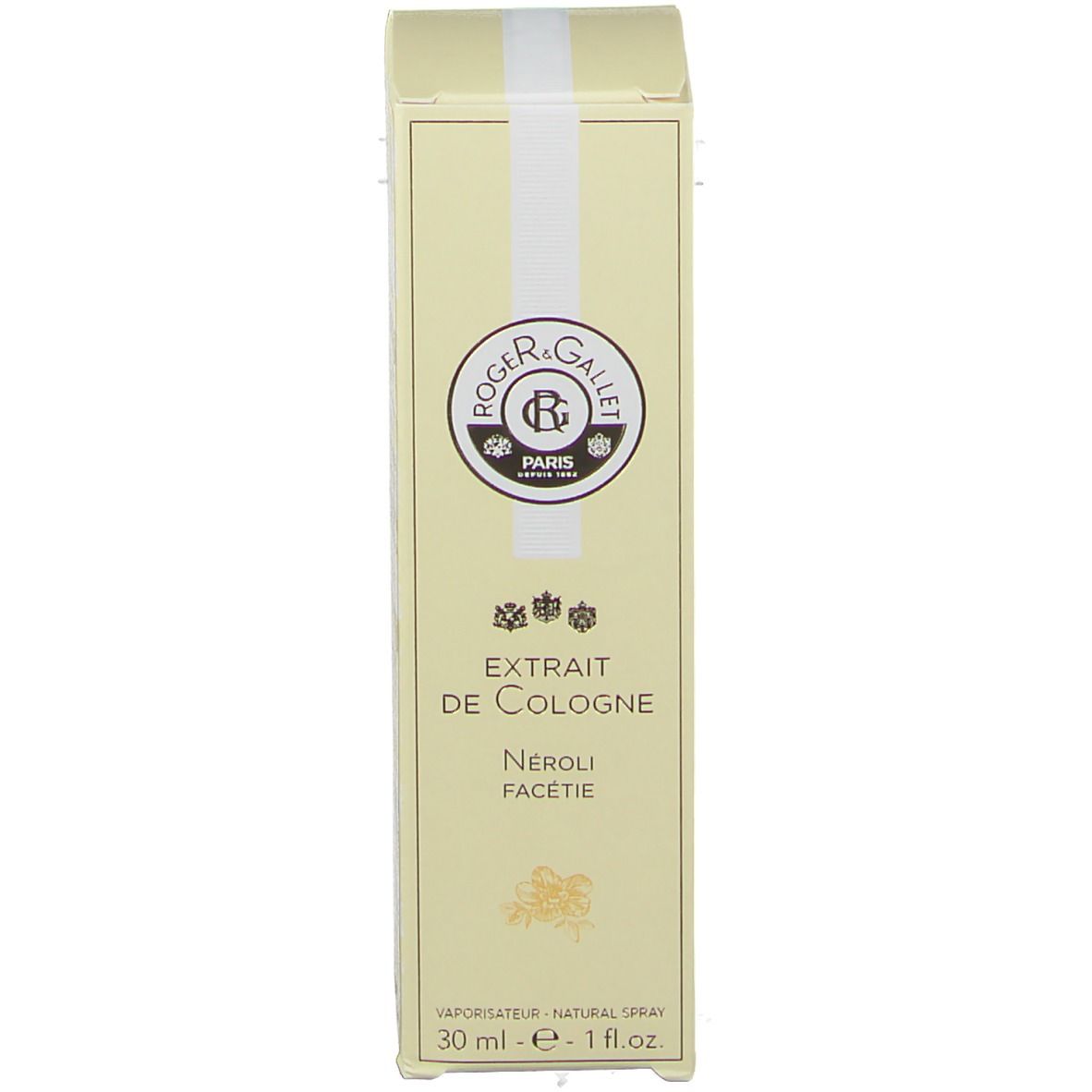 Confezione in cartone. Scritta: Extrait de Cologne, Néroli Facétie. Logo e testo. Volume: 30 ml.