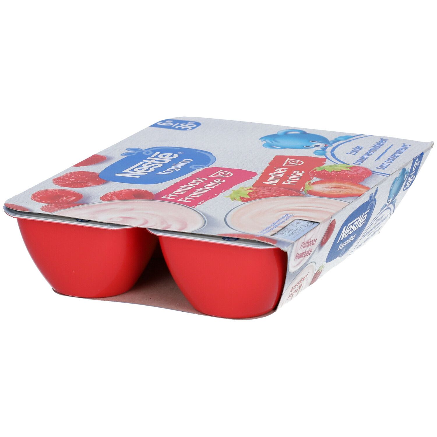 Confezione da 6 vasetti rossi Nestlé Yogolino Fresa-Frambuesa. Vista laterale, coperchio parzialmente visibile.