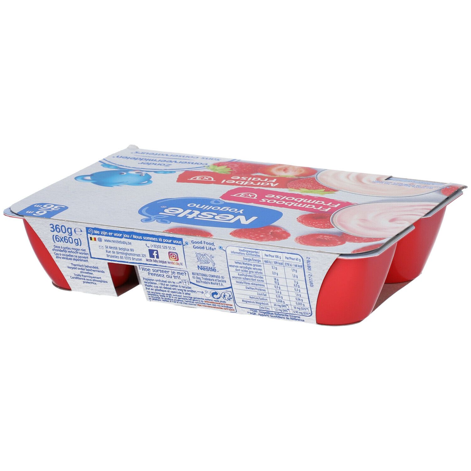 Confezione da 6 vasetti rossi Nestlé Yogolino Fresa-Frambuesa. Retro con informazioni nutrizionali e logo.