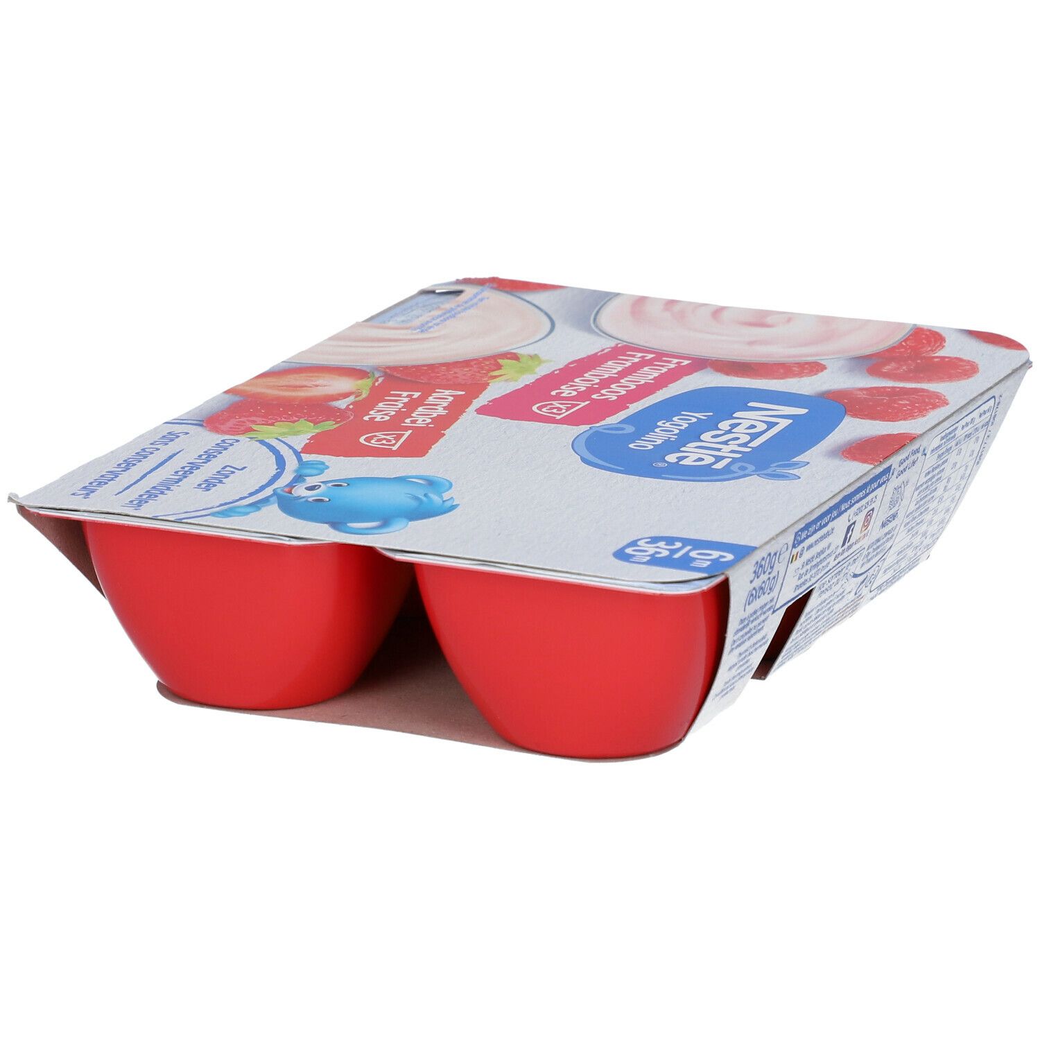 Confezione da 6 vasetti rossi Nestlé Yogolino Fresa-Frambuesa. Vista laterale, coperchio parzialmente visibile.