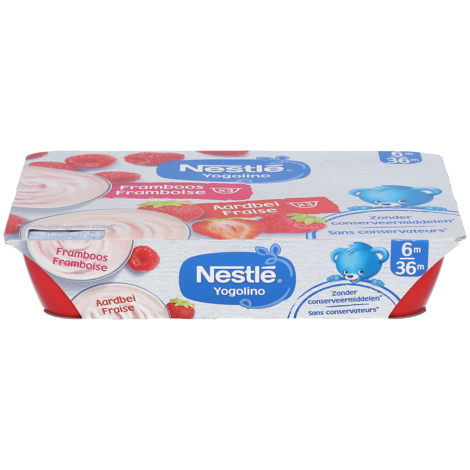 Confezione da 6 vasetti rossi Nestlé Yogolino Fresa-Frambuesa. Vista dall'alto, coperchio con informazioni sul prodotto.