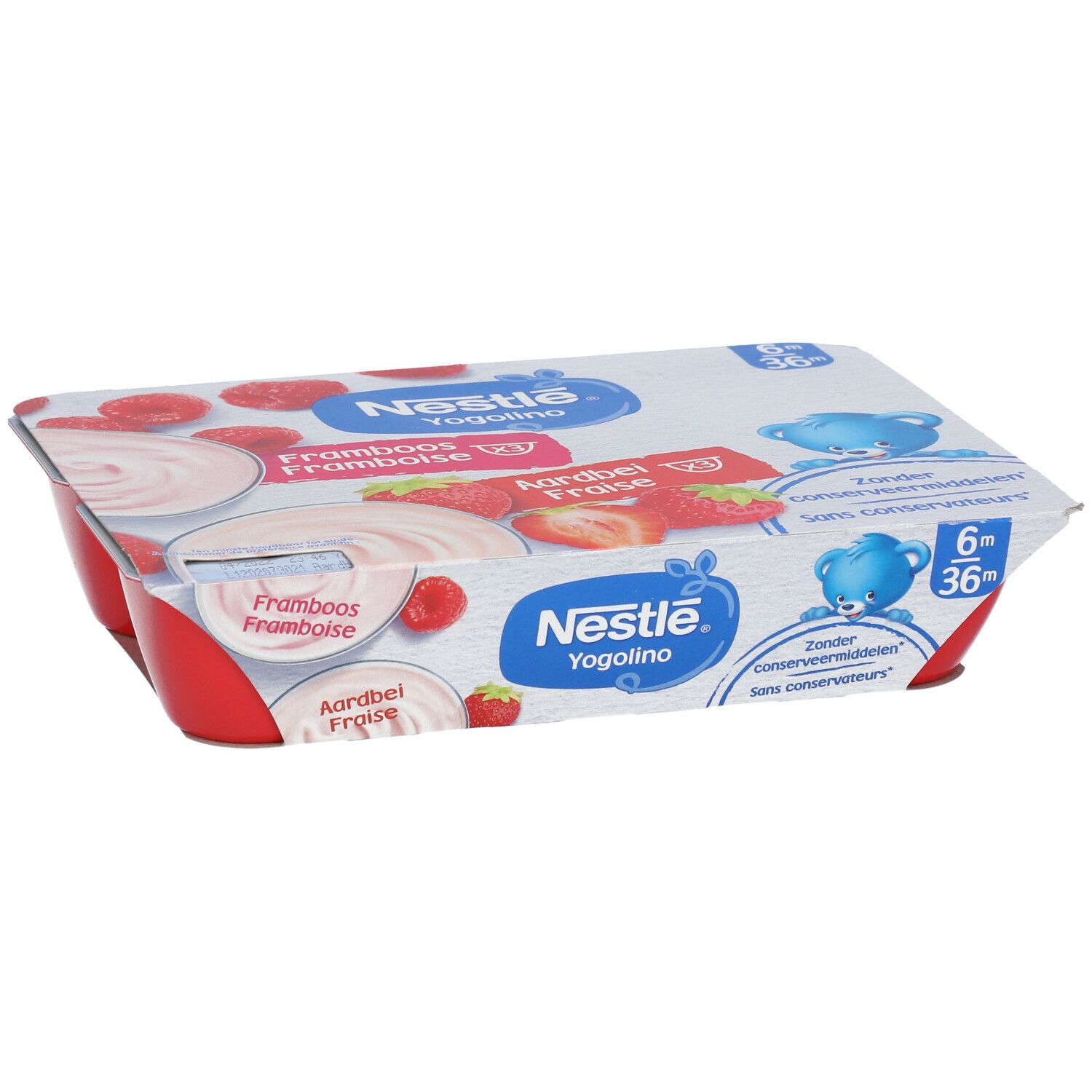 Confezione da 6 vasetti rossi Nestlé Yogolino Fresa-Frambuesa. Vista dall'alto, coperchio con informazioni sul prodotto.