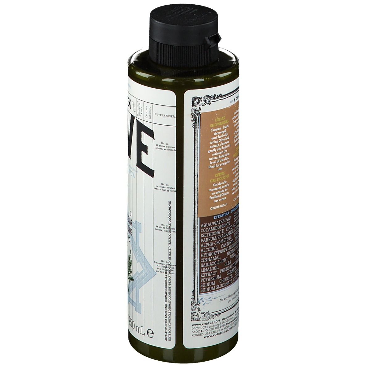 Flacone verde con tappo nero. Retro con ingredienti e testo. Marchio KORRES. 8.45 FL. OZ. U.S. / 250 ml.