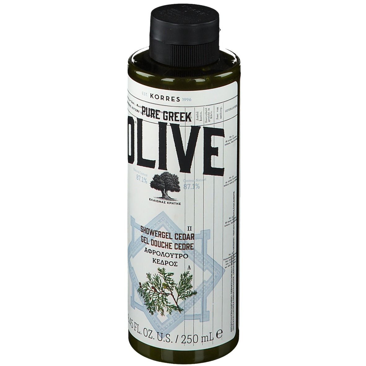 Flacone verde con tappo nero. Scritta: OLIVE, gel doccia, cedro. Marchio KORRES. 8.45 FL. OZ. U.S. / 250 ml.