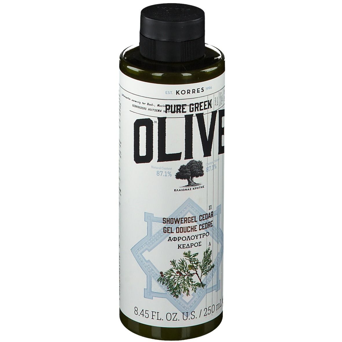 Flacone verde con tappo nero. Scritta: OLIVE, gel doccia, cedro. Marchio KORRES. 8.45 FL. OZ. U.S. / 250 ml.