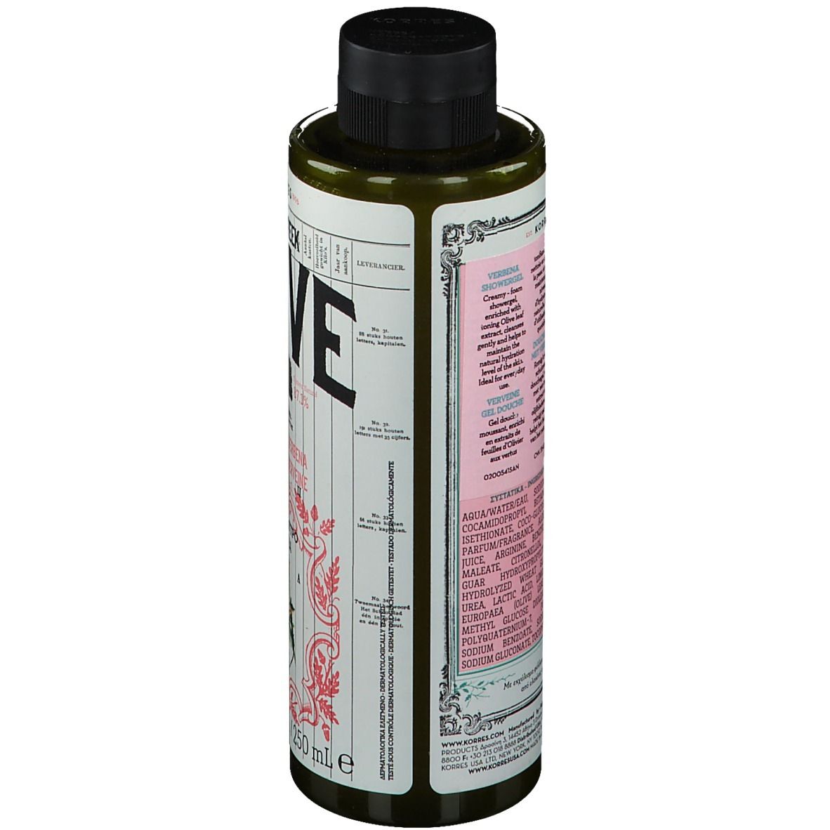 Flacone verde con tappo nero. Retro con testo. Scritta: OLIVE, KORRES, 250 ml.