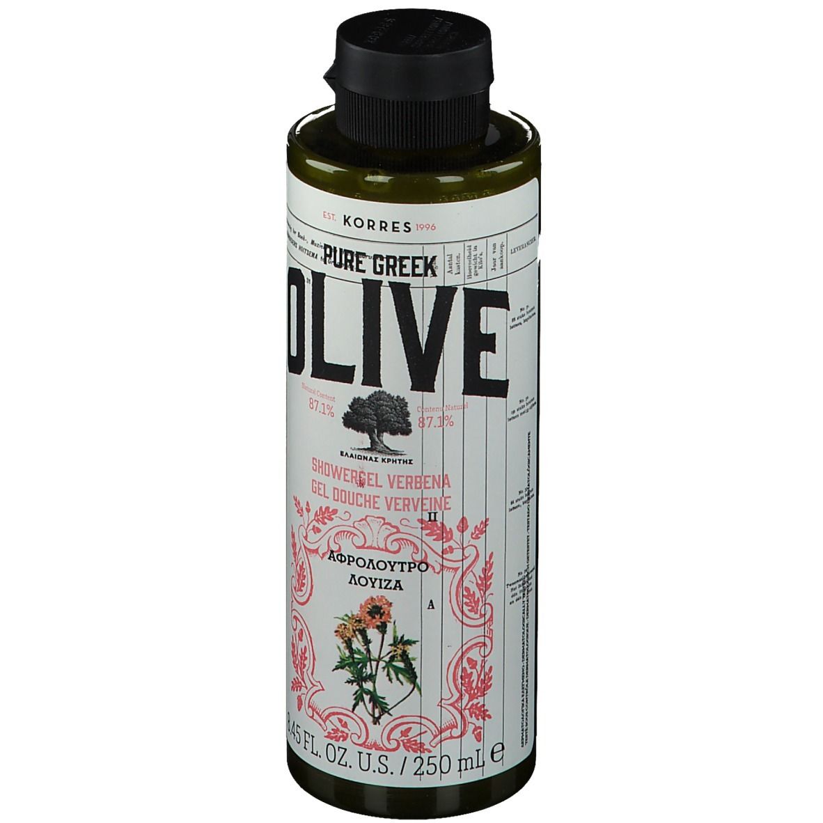 Flacone verde con tappo nero. Scritta: OLIVE, KORRES, Showergel Verveine. 8.45 fl. oz. U.S./250 ml.