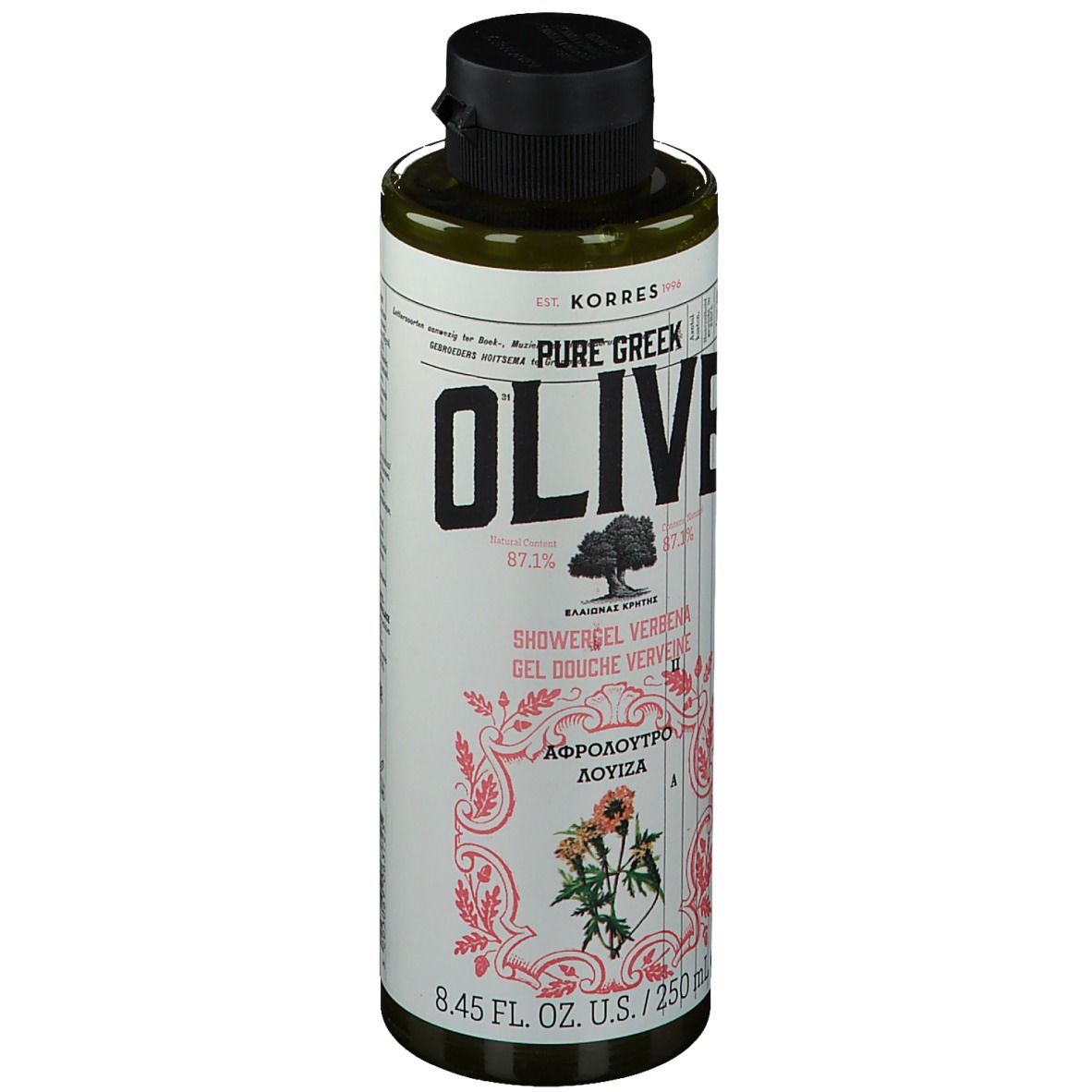 Flacone verde con tappo nero. Scritta: OLIVE, KORRES, Showergel Verveine. 8.45 fl. oz. U.S./250 ml.