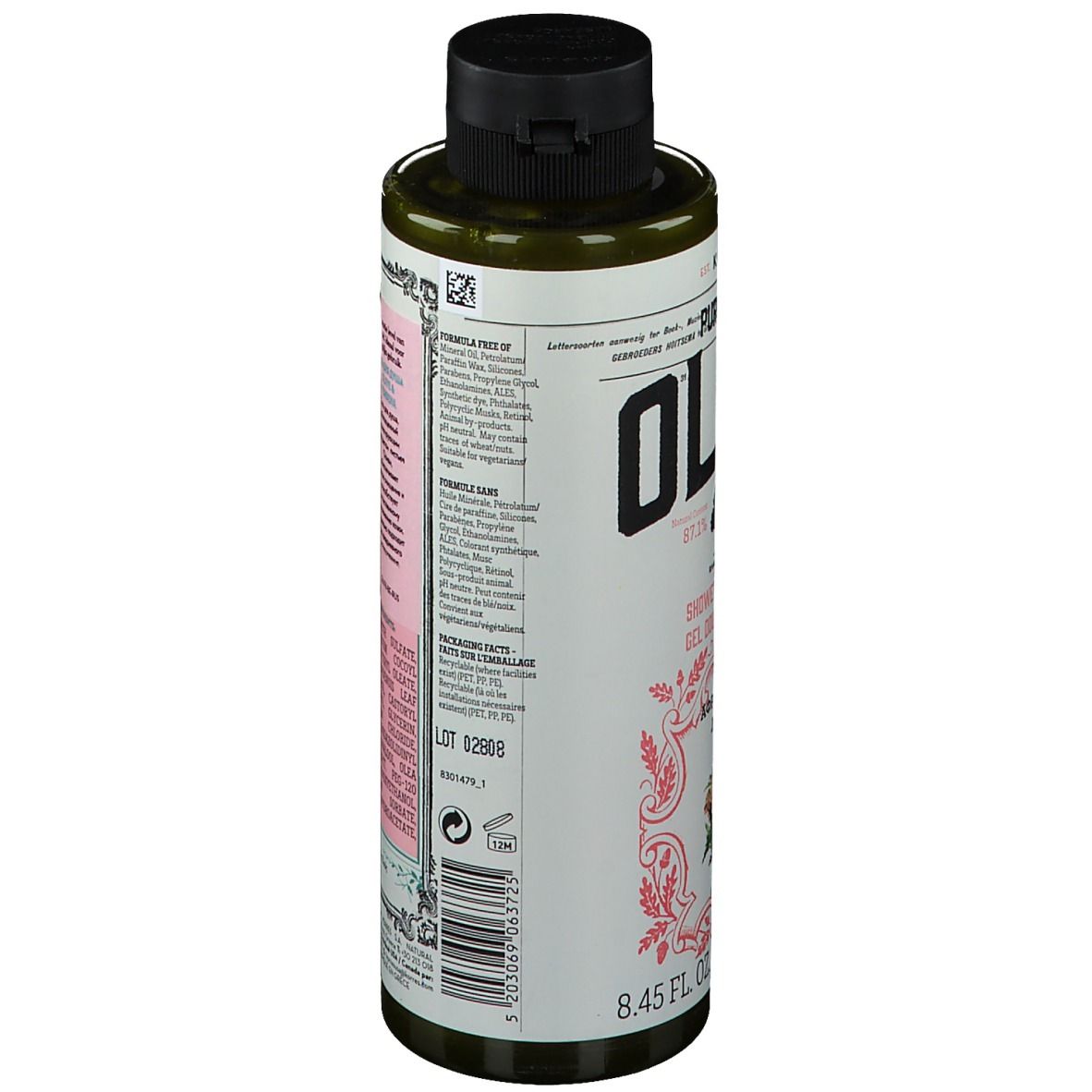 Flacone verde con tappo nero. Retro con testo. Scritta: OLIVE, KORRES, 8.45 fl. oz. U.S./250 ml.