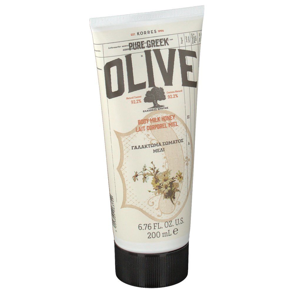 Tubo di crema con scritta OLIVE e BODY MILK HONEY. Tappo nero. 6.76 FL. OZ. U.S. 200 ml.