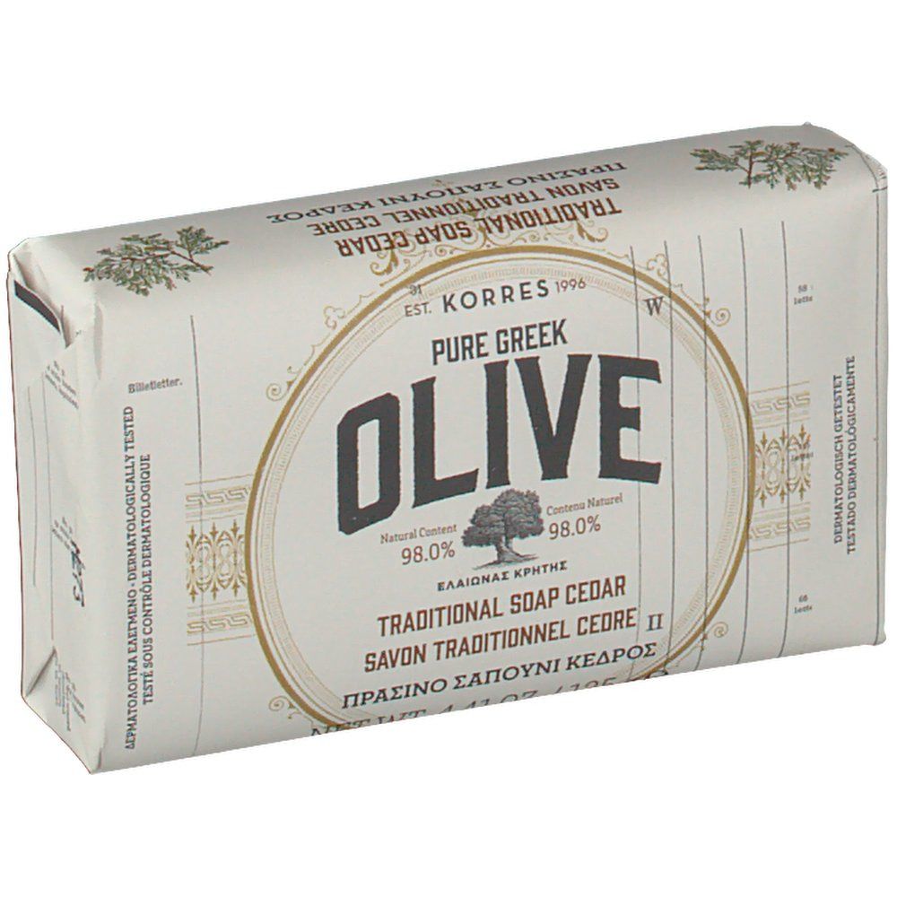 Confezione di sapone. Scritta: KORRES, OLIVE, sapone tradizionale cedro. Ingredienti naturali al 98%.