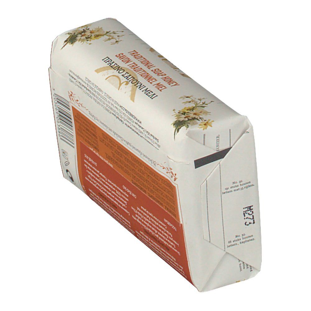 Confezione di sapone inclinata. Retro con testo multilingue. Codice e data di scadenza.