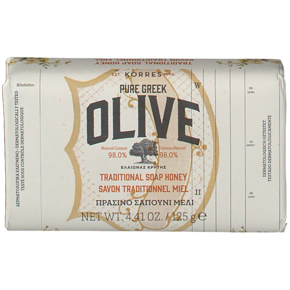 Sapone confezionato. Scritta OLIVE, marchio Korres. Testo multilingue. Peso netto 4.41 oz / 125 g.