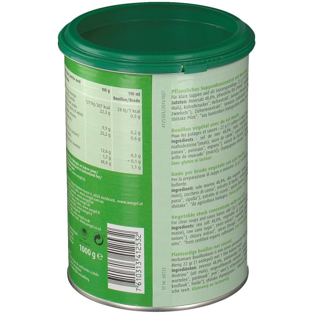 Retro del barattolo Herbamare Brodo. Contiene informazioni nutrizionali e lista ingredienti. 1000g.