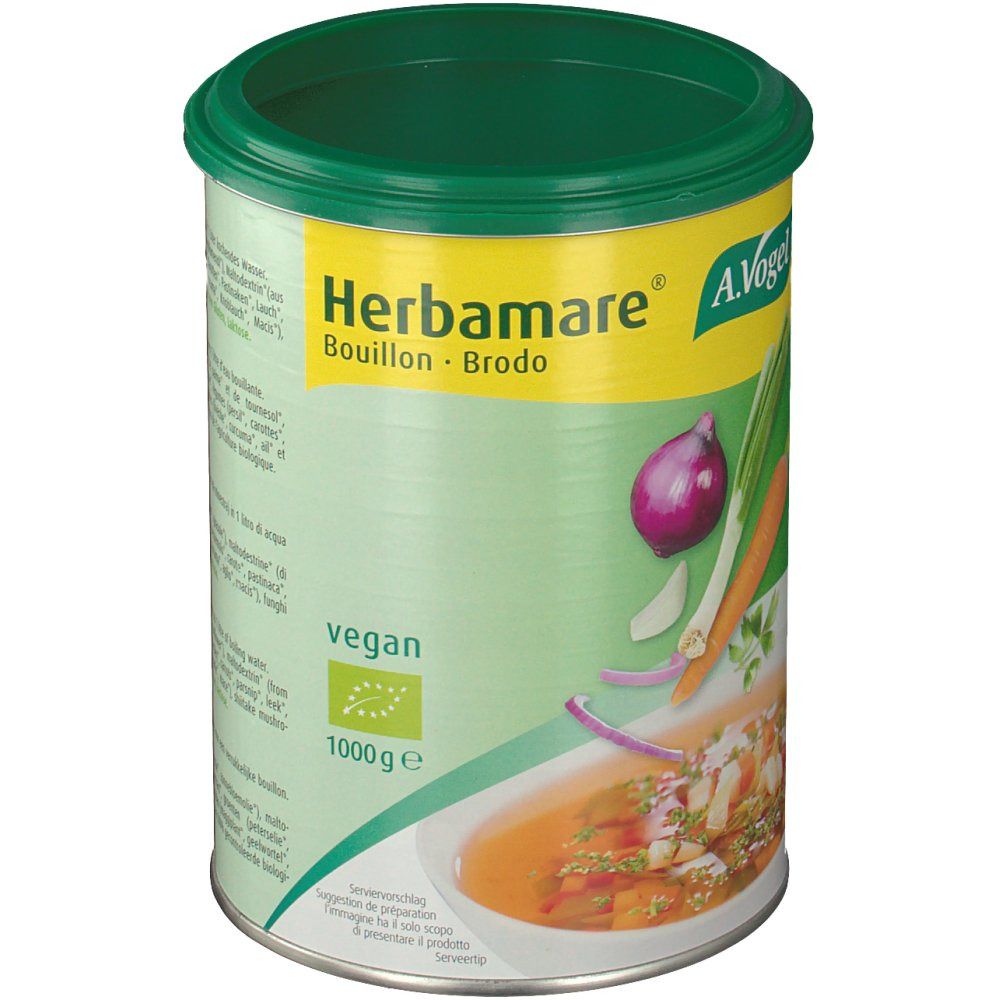 Barattolo Herbamare Brodo. Confezione verde e bianca con illustrazione di verdure. Vegan, 1000g.