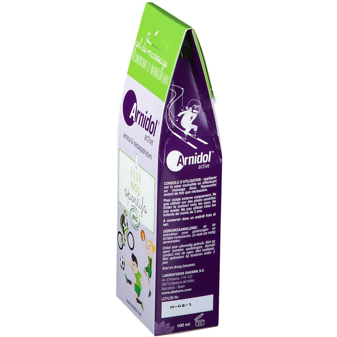 Retro della confezione di gel per massaggio Arnidol® active. Testo multilingue, logo e illustrazioni.