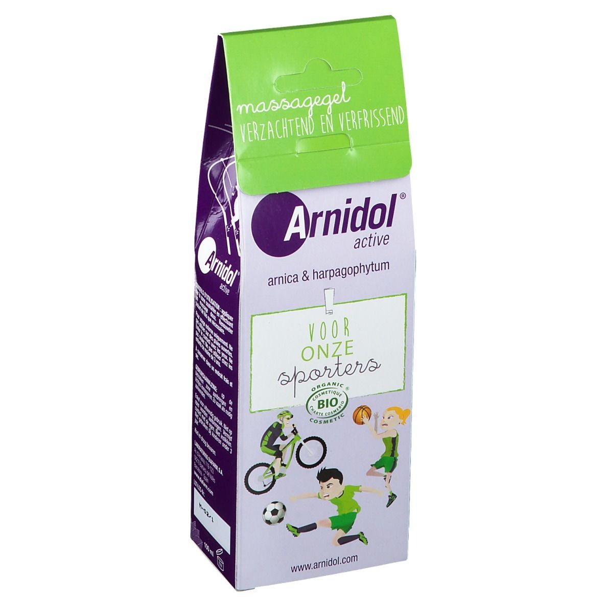 Confezione di gel per massaggio Arnidol® active. Parte superiore verde-bianca, fronte viola-bianco con logo e illustrazioni di atleti.