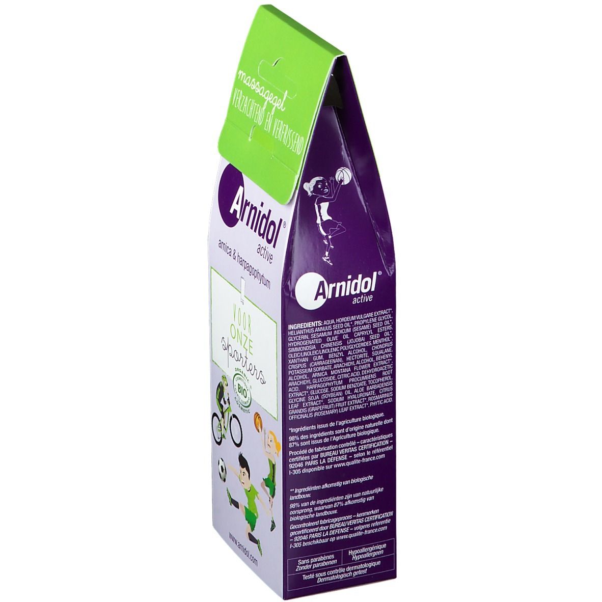 Retro della confezione di gel per massaggio Arnidol® active. Testo multilingue, logo e illustrazioni.