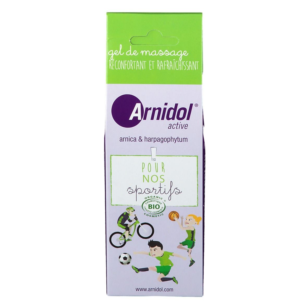 Confezione di gel per massaggio Arnidol® active. Parte superiore verde-bianca, fronte viola-bianco con logo e illustrazioni di atleti.