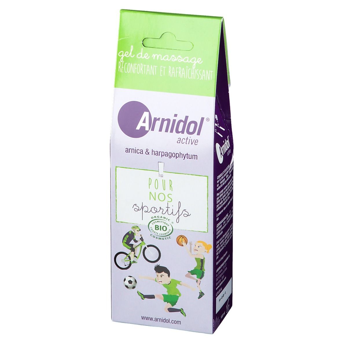 Confezione di gel per massaggio Arnidol® active. Parte superiore verde-bianca, fronte viola-bianco con logo e illustrazioni di atleti.