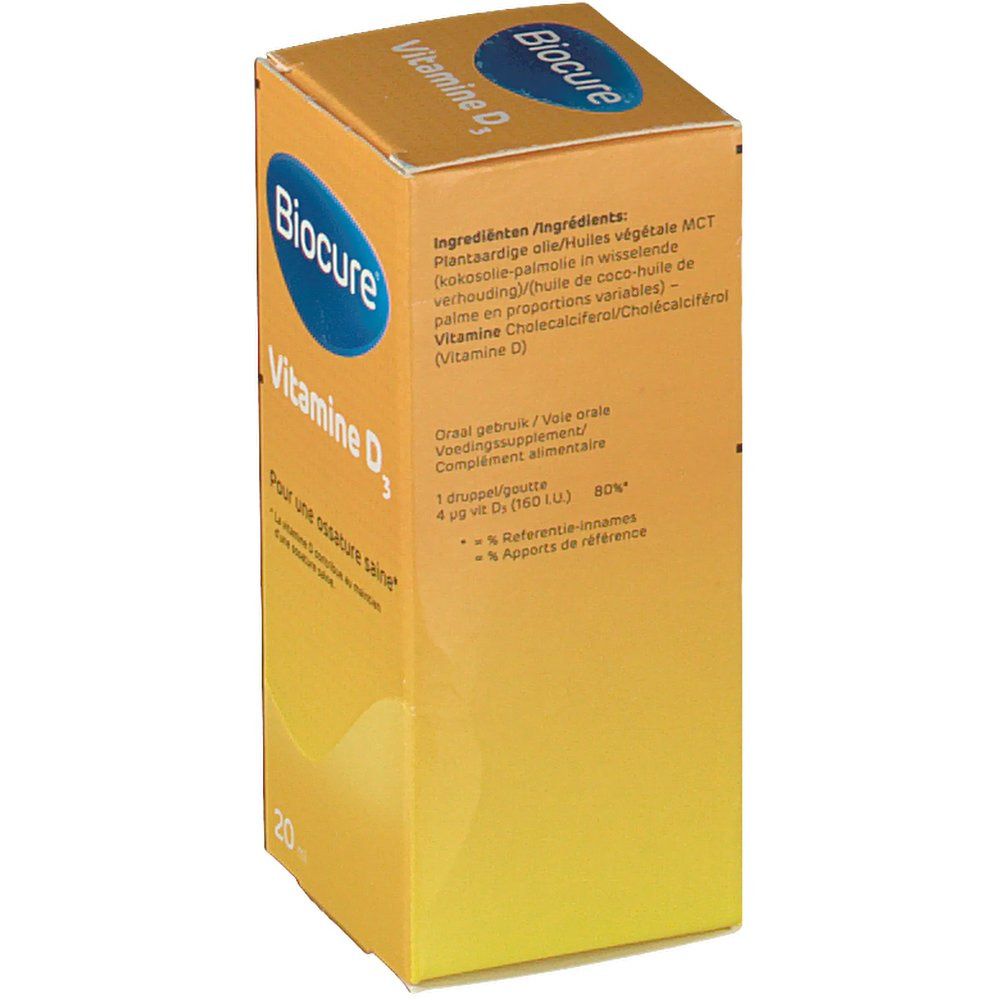 Scatola gialla Biocure Vitamine D3. Logo blu. Elenco ingredienti. Testo: 1 goccia 4 ug Vit D (160 UI).