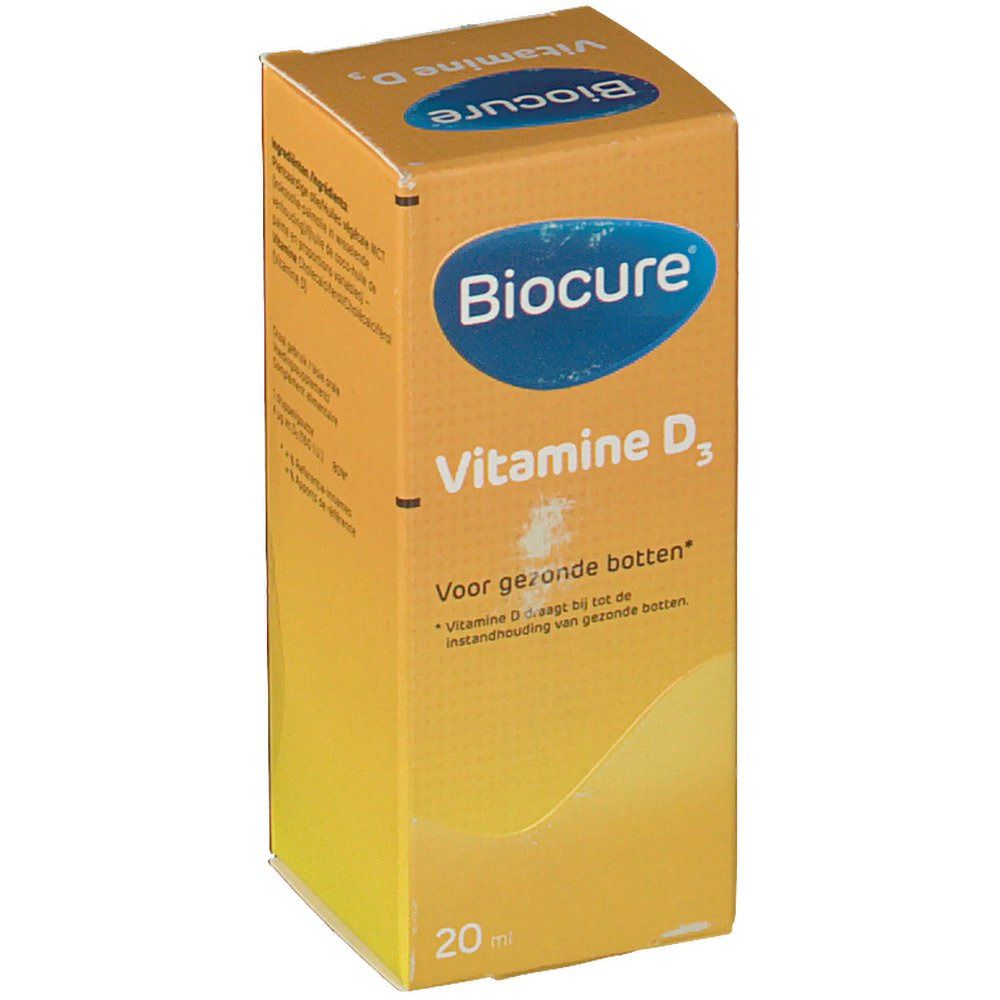 Scatola gialla Biocure Vitamine D3. Logo blu. Testo: Voor gezonde botten. In basso: 20 ml.