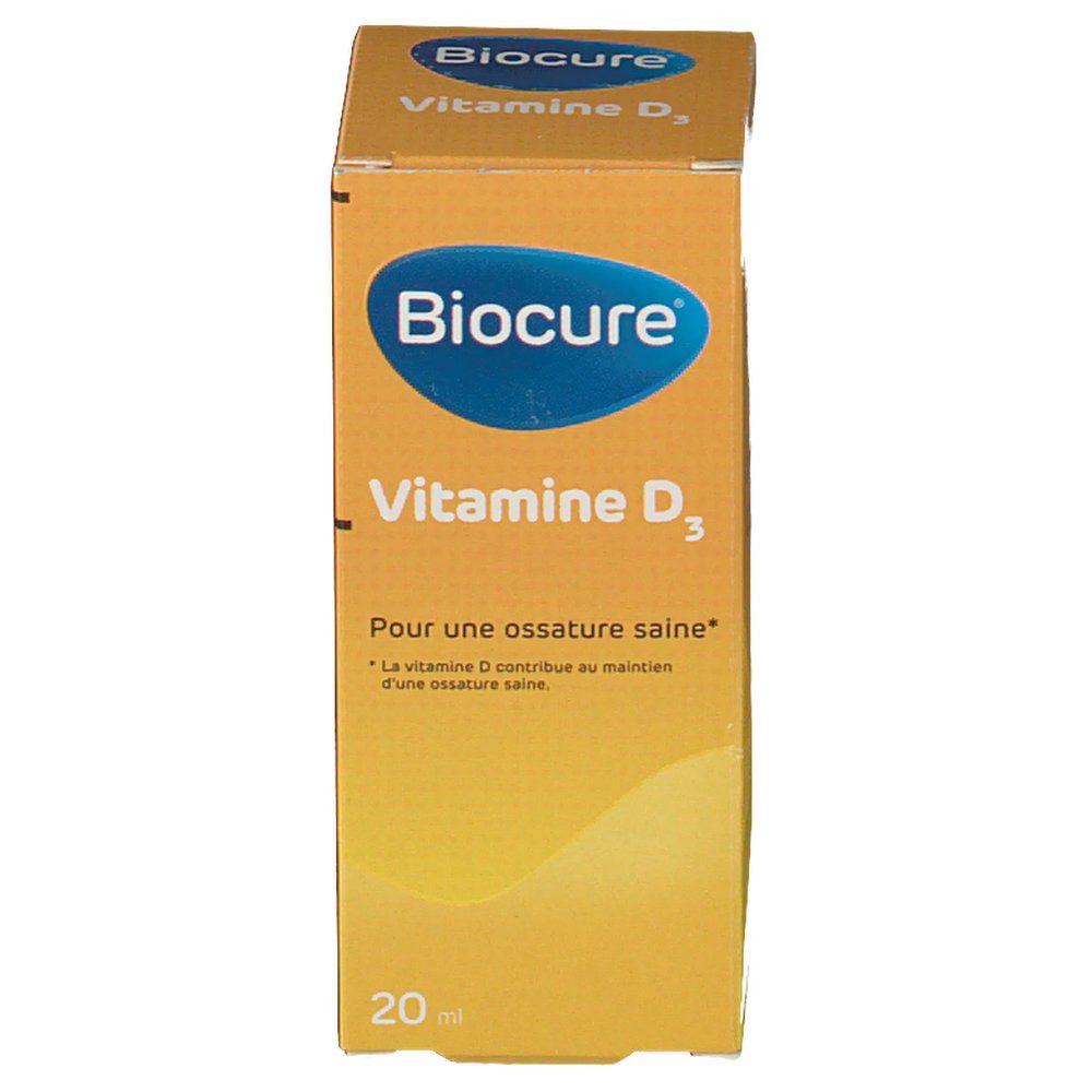 Scatola gialla Biocure Vitamine D3. Logo blu. Testo: Pour une ossature saine. In basso: 20 ml.