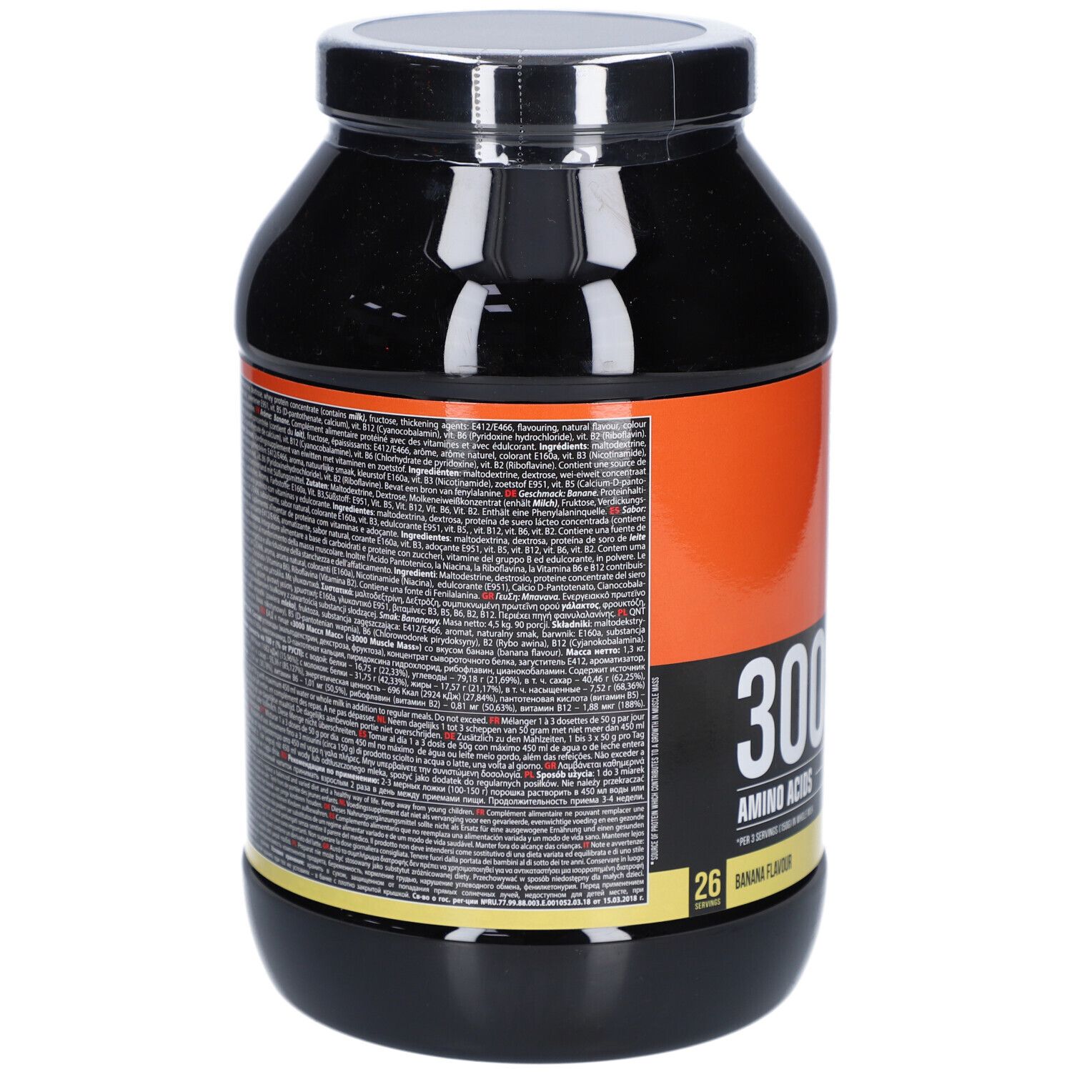Retro di un contenitore nero con etichetta arancione, dettagli nutrizionali e lista ingredienti.