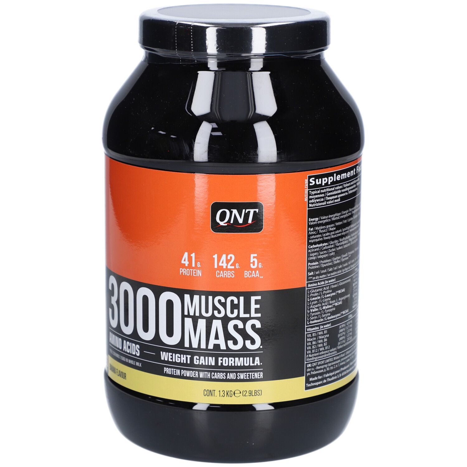 Barattolo nero QNT 3000 Muscle Mass. Sezione arancione con informazioni nutrizionali. Gusto banana. Formula per l'aumento di peso.