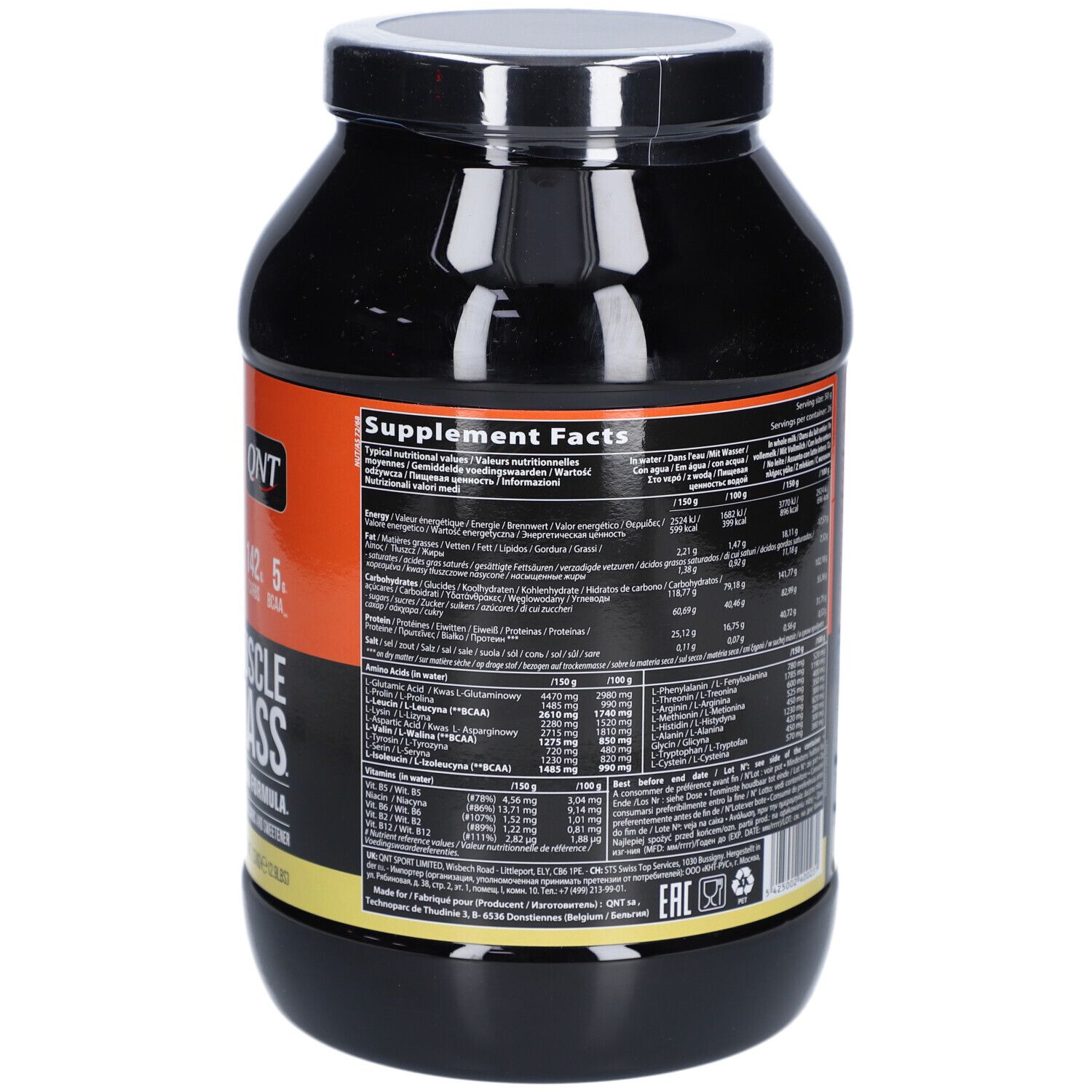 Retro di un contenitore nero con etichetta arancione, "Supplement Facts" e dettagli nutrizionali.