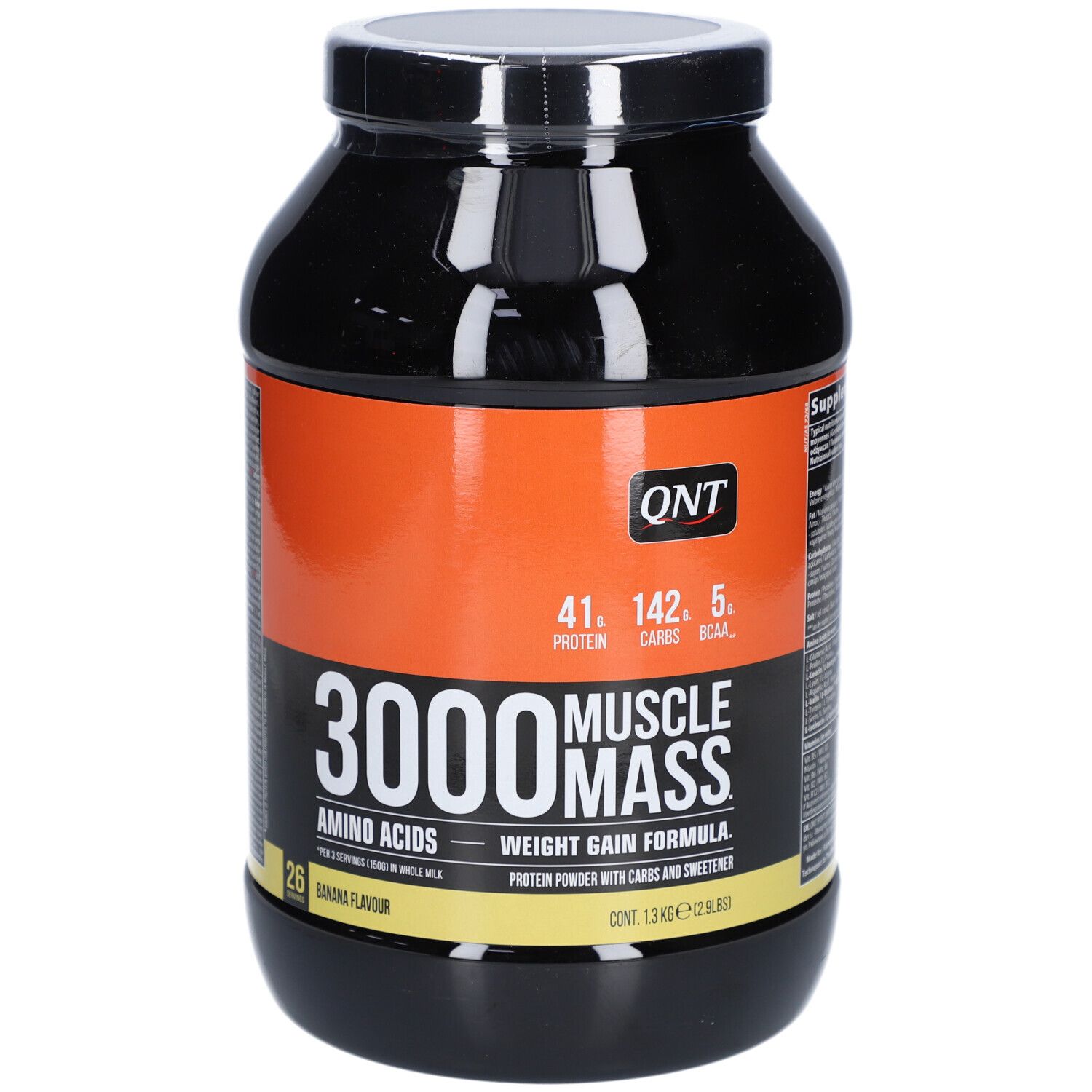 Barattolo nero QNT 3000 Muscle Mass. Sezione arancione con informazioni nutrizionali. Gusto banana. Formula per l'aumento di peso.