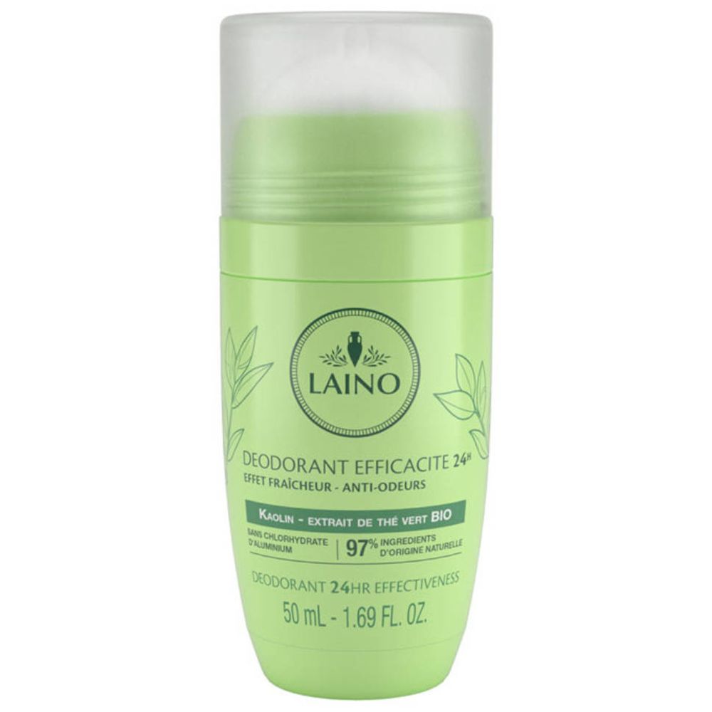 Roll-on deodorante verde con tappo bianco. Scritta: Laino, Efficacia 24h, Tè verde bio. 50 ml.