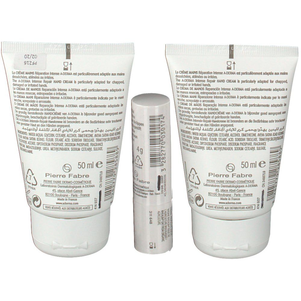 Retro di due tubetti di crema mani e uno stick labbra. Stampe con testo e loghi.