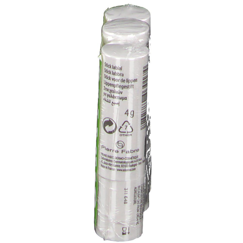 Tre stick per labbra confezionati. Stampe con informazioni sul prodotto e logo Pierre Fabre.