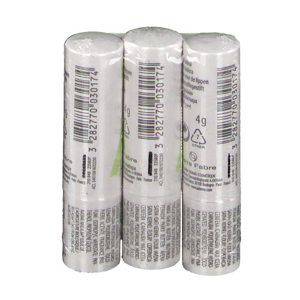 Tre stick per labbra confezionati. Stampe con informazioni sul prodotto e codice a barre.