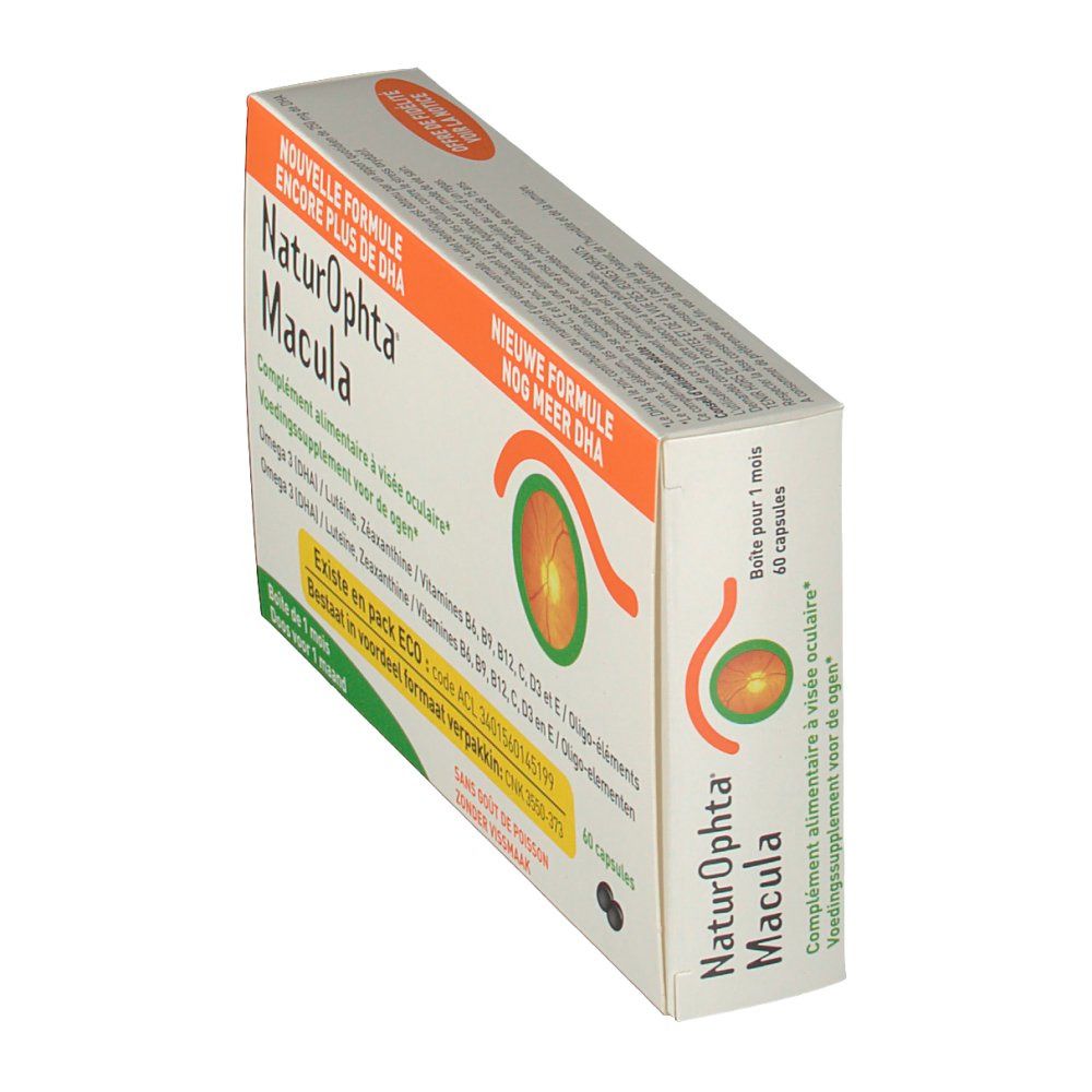 Confezione inclinata. Nome del prodotto e logo visibili. Design arancione con rappresentazione di un occhio.