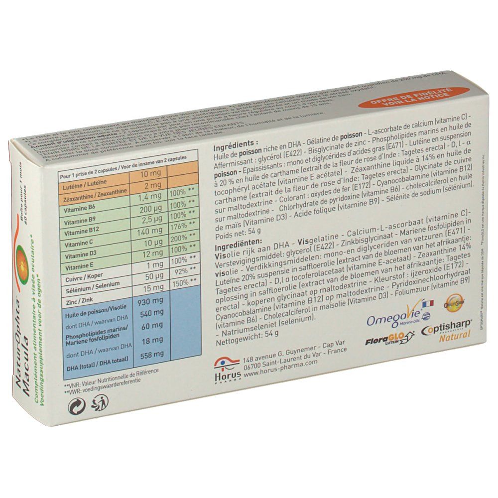 Retro della confezione. Elenco degli ingredienti e informazioni nutrizionali. Logo e testo multilingue.