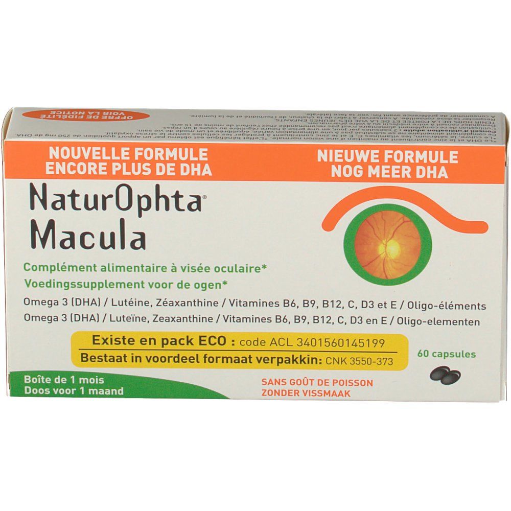 Confezione di integratori alimentari. Nome del prodotto e ingredienti visibili. Contiene 60 capsule. Logo arancione con occhio.