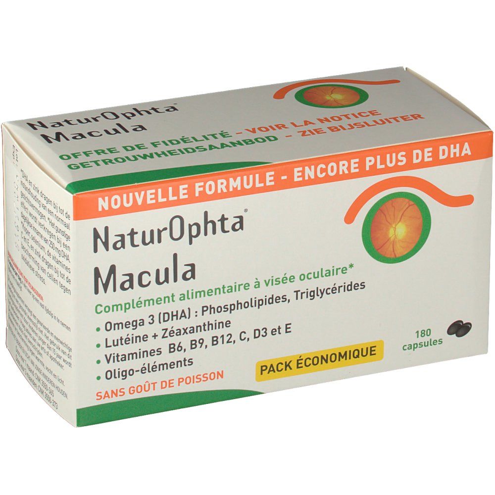 Confezione di compresse con nome e ingredienti. Contiene 180 capsule. Scritta: "Naturophta Macula".