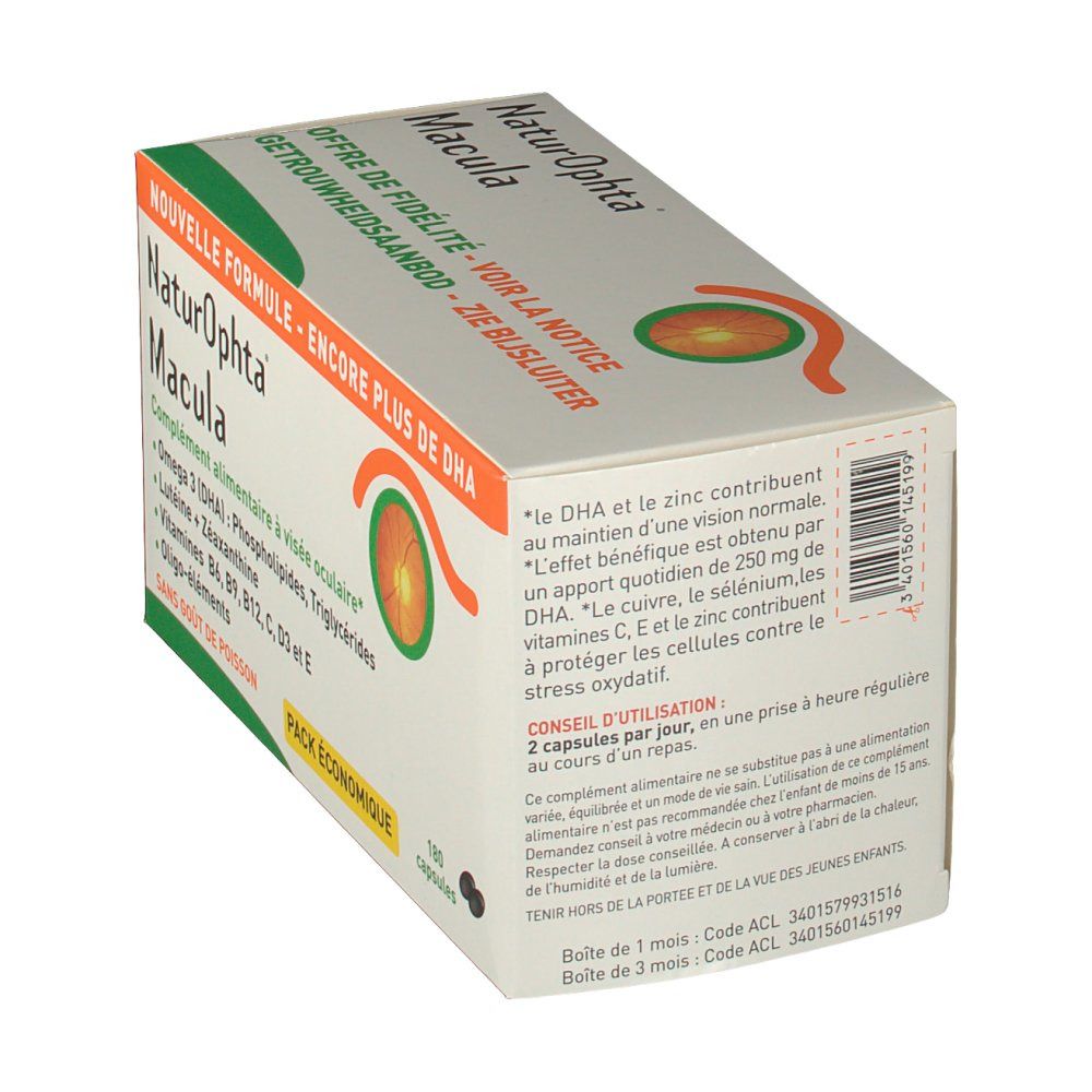 Vista obliqua della confezione con informazioni sul prodotto. Contiene 180 capsule. Scritta: "Naturophta Macula".