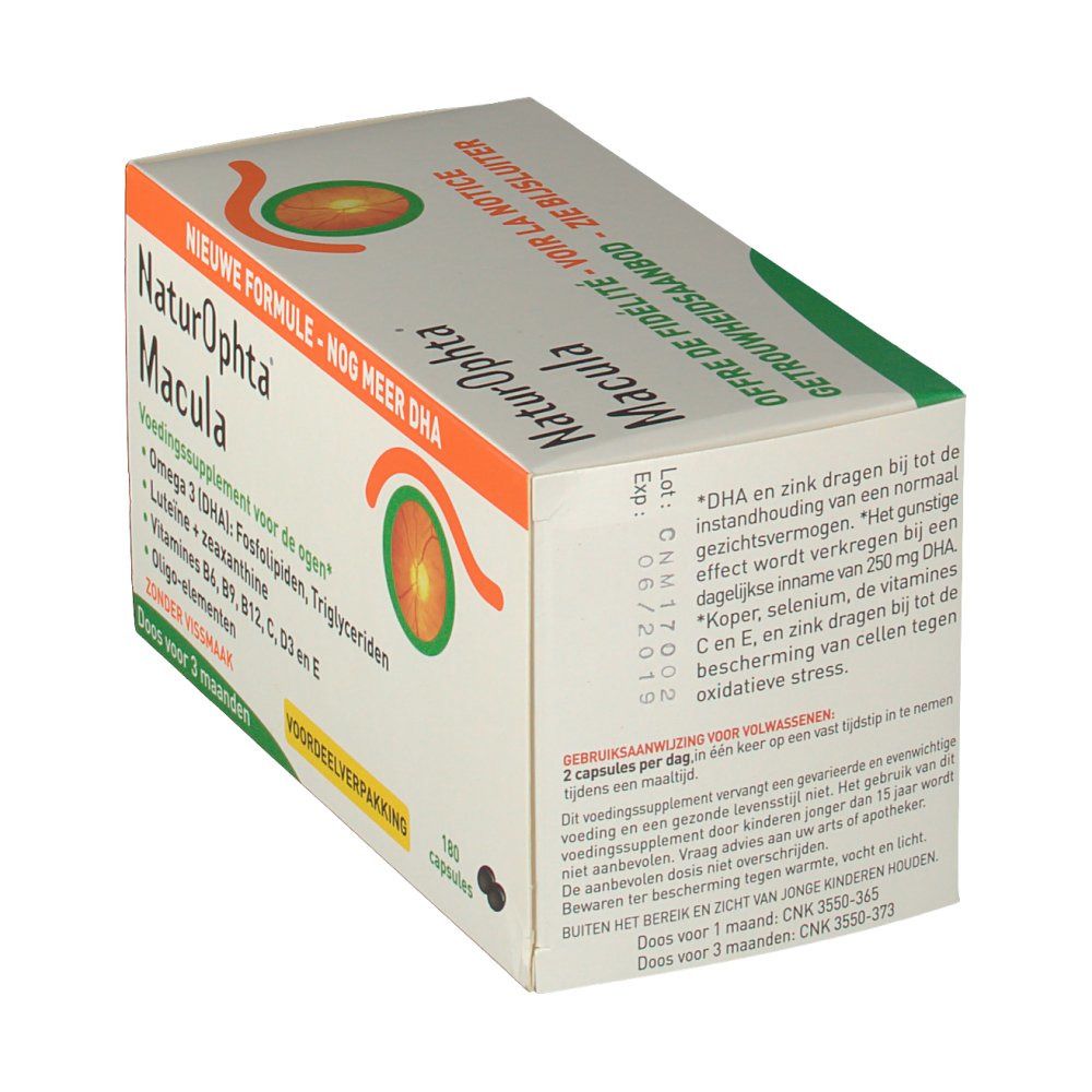 Vista obliqua della confezione con informazioni sul prodotto. Contiene 180 capsule. Scritta: "Naturophta Macula".