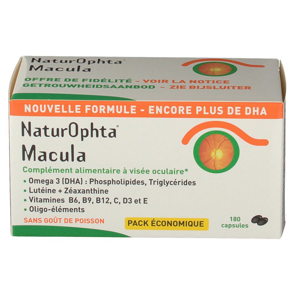 Confezione di compresse con nome e ingredienti. Contiene 180 capsule. Scritta: "Naturophta Macula".